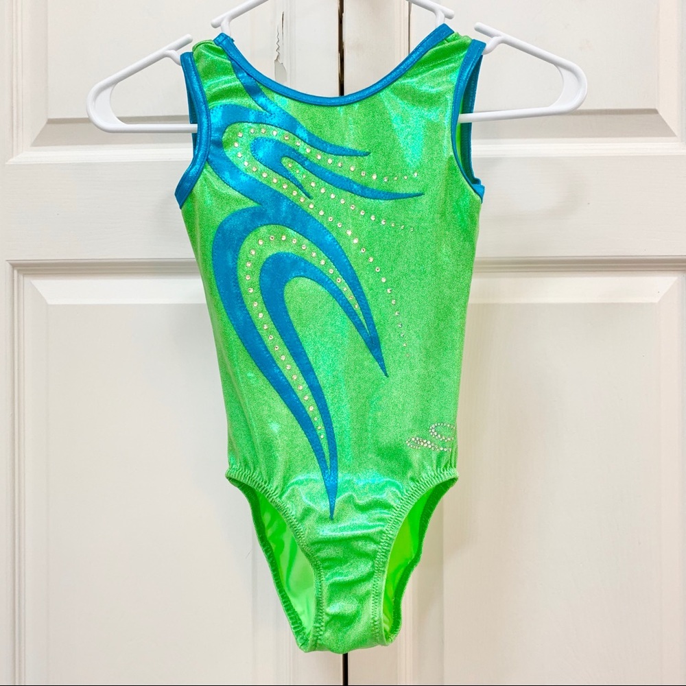 Child 8-10 Shiny Light Green & Blue Gymnastics Leo